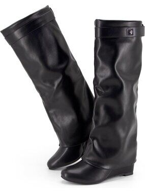 Women's Black Pointed Toe Wedge Heel Comfortable Fold Over Knee High Shark Boot
